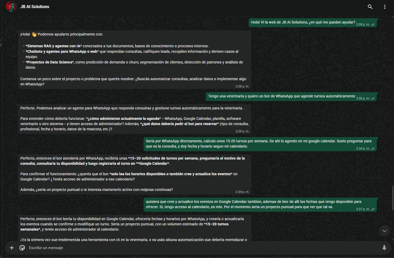 Conversación real de WhatsApp con un agente de IA de JB AI Solutions