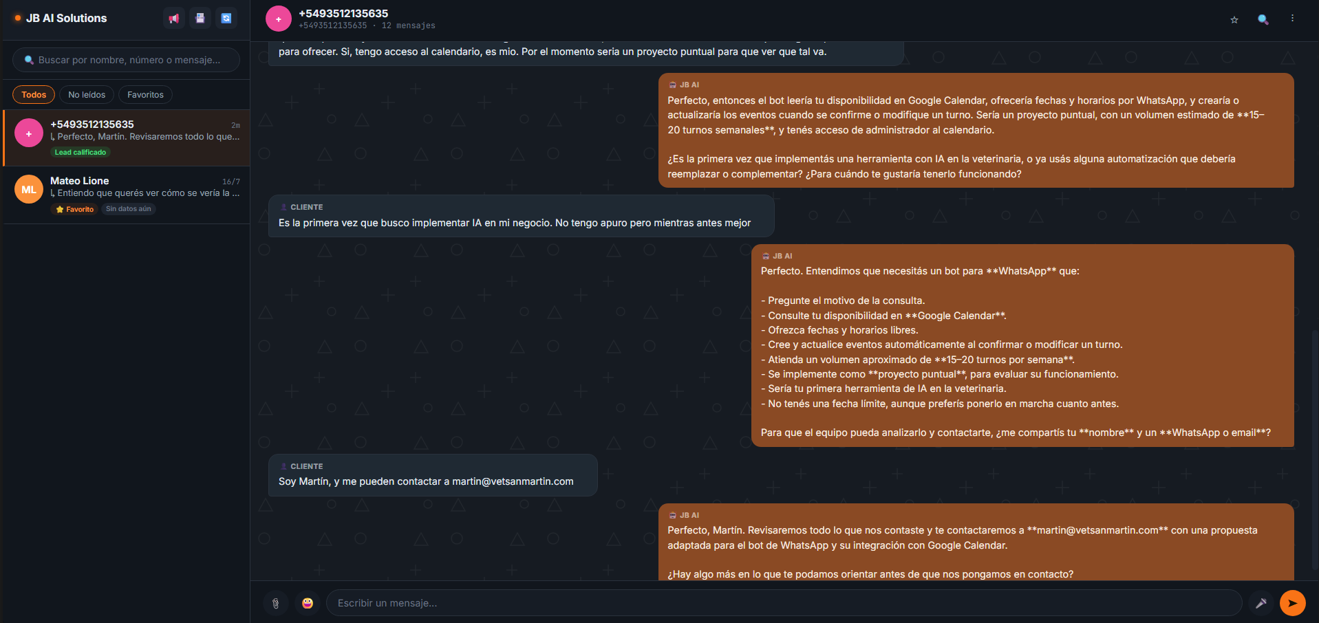 Panel de administración de JB AI Solutions con la conversación calificada