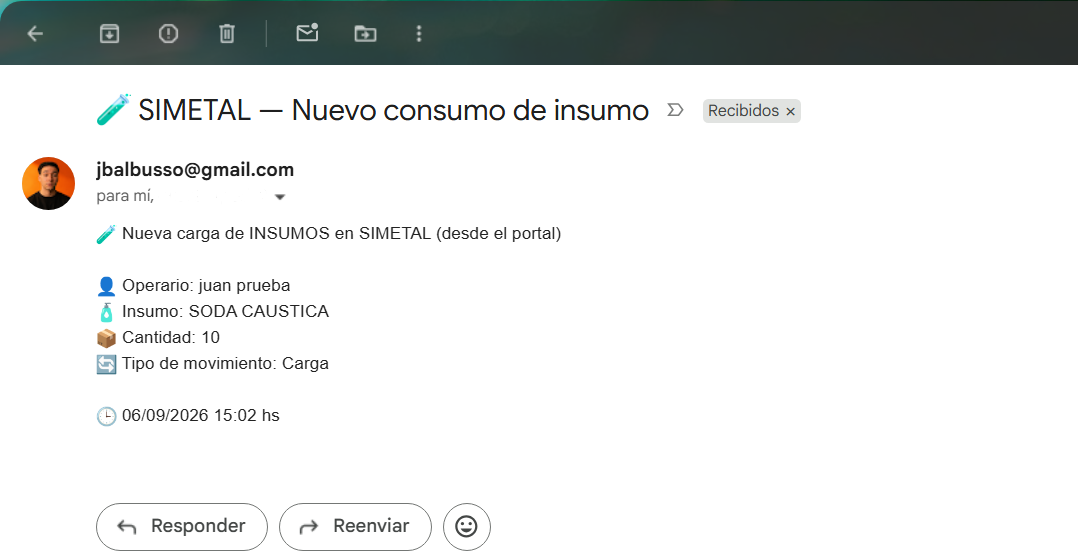 Notificación por mail al registrar una carga